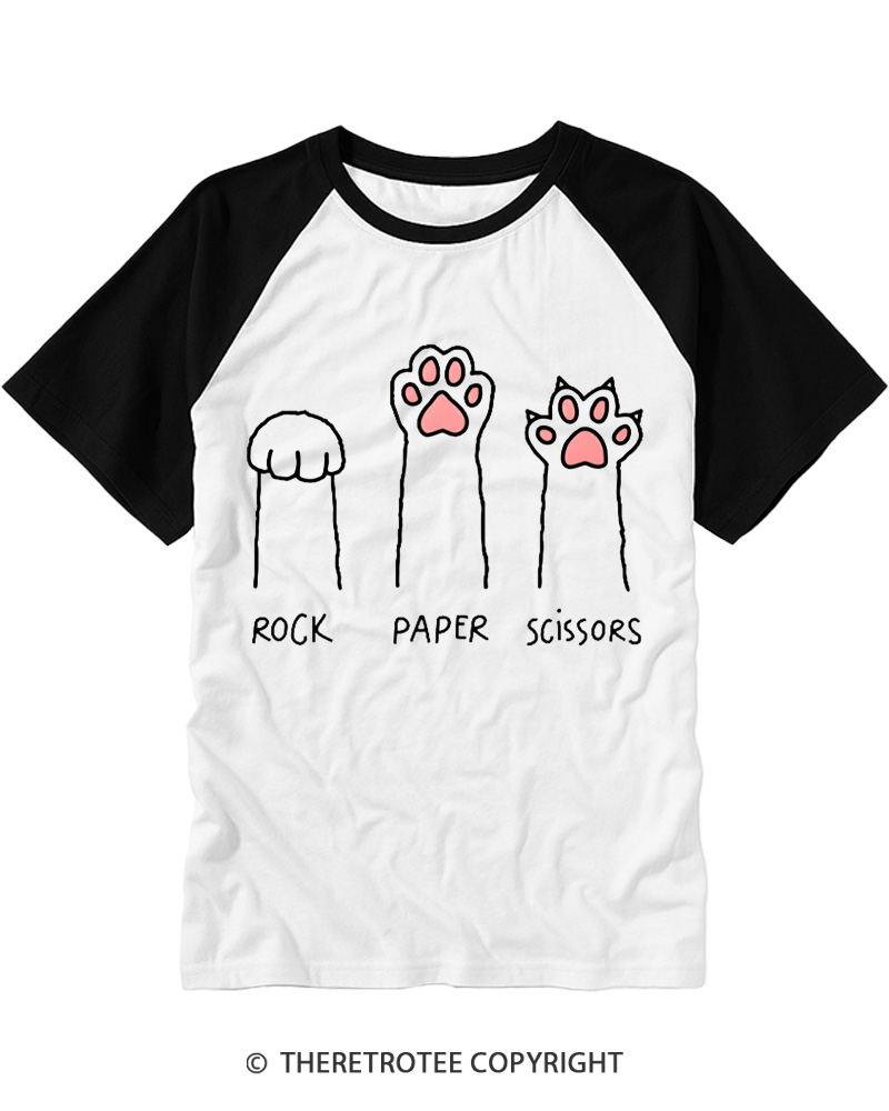 TheRetroTee Funny Cat Paw Rock Paper Scissors Raglan Baseball T-Shirt