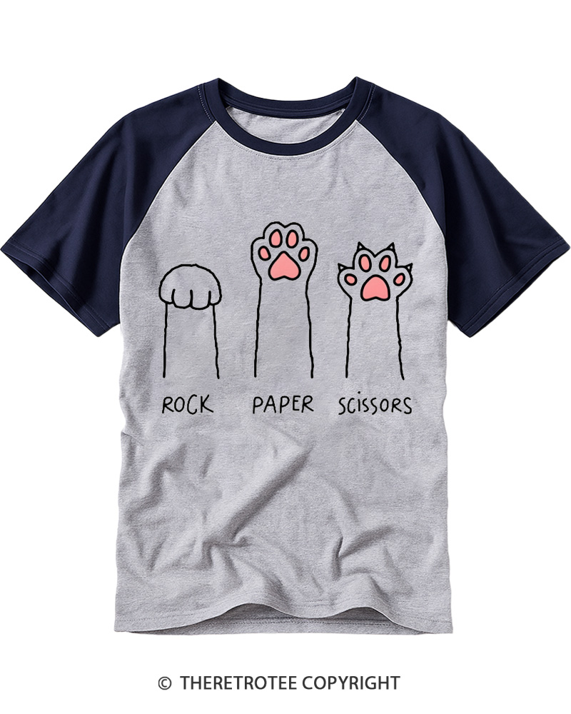 TheRetroTee Funny Cat Paw Rock Paper Scissors Raglan Baseball T-Shirt