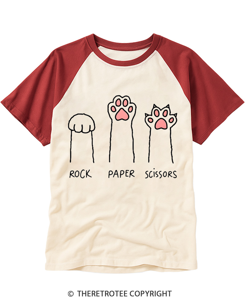 TheRetroTee Funny Cat Paw Rock Paper Scissors Raglan Baseball T-Shirt