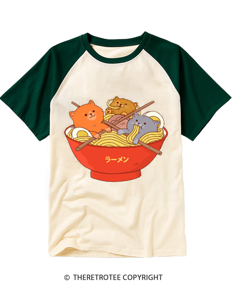 TheRetroTee Vintage Cute Cat Ramen Japanese Aesthetic Raglan Baseball T-Shirt