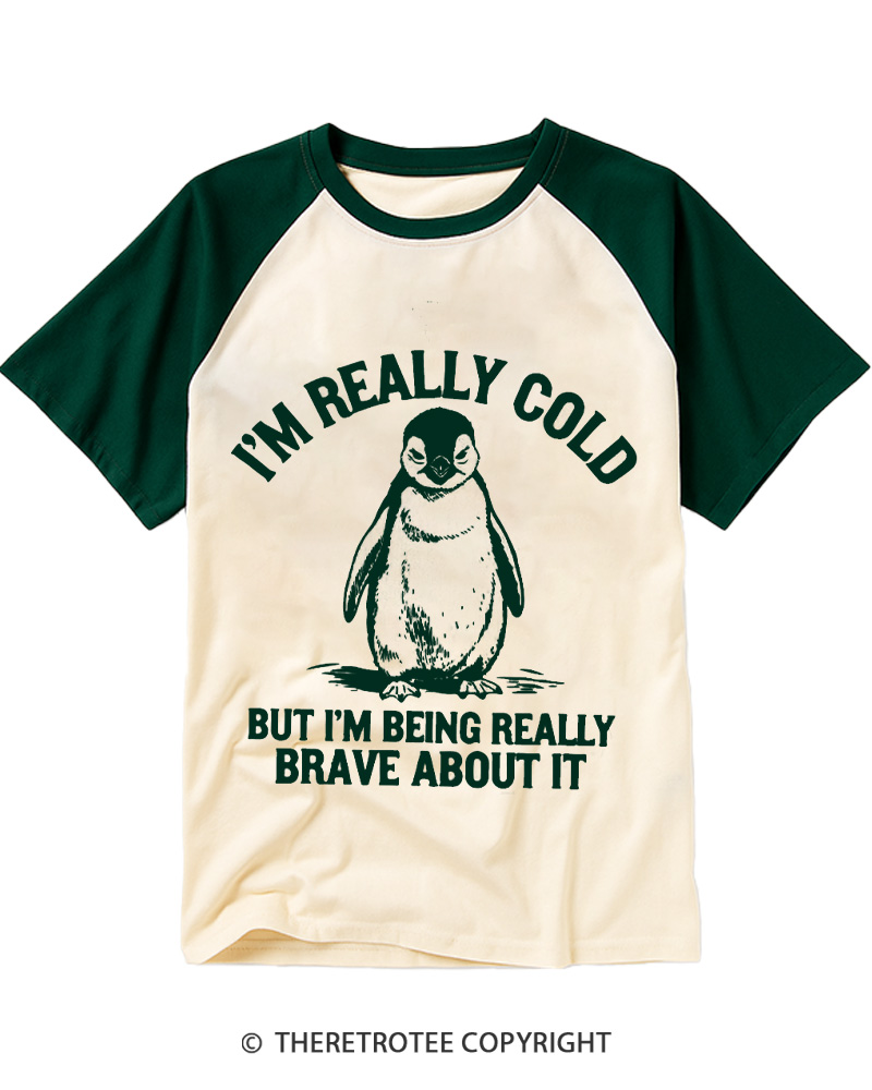 TheRetroTee I'm Really Cold But I'm Being Really Brave About It 1990s Raglan Baseball T-Shirt