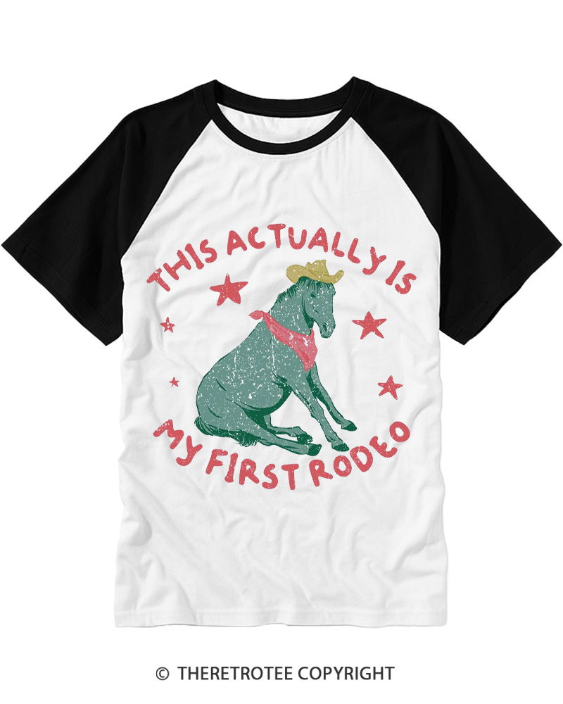 TheRetroTee This Is My First Rodeo 1980s Raglan Baseball T-Shirt