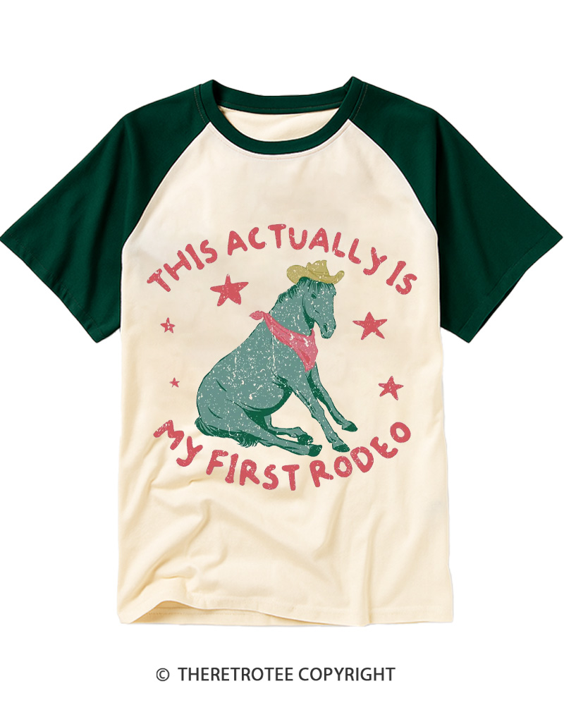 TheRetroTee This Is My First Rodeo 1980s Raglan Baseball T-Shirt