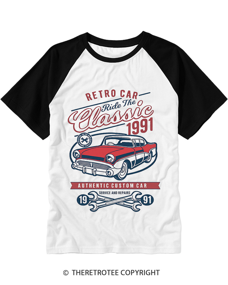 TheRetroTee Retro Classic Car 1990s Raglan Baseball T-Shirt