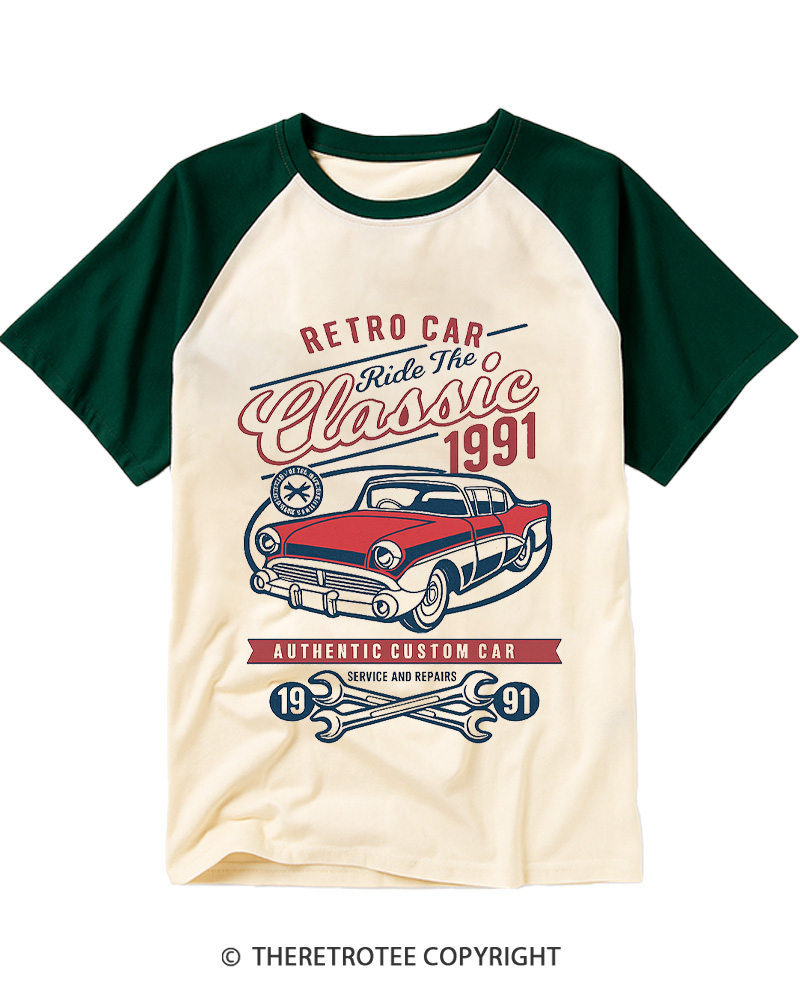 TheRetroTee Retro Classic Car 1990s Raglan Baseball T-Shirt