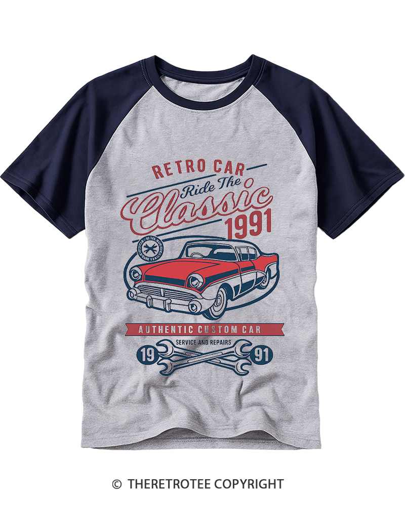 TheRetroTee Retro Classic Car 1990s Raglan Baseball T-Shirt