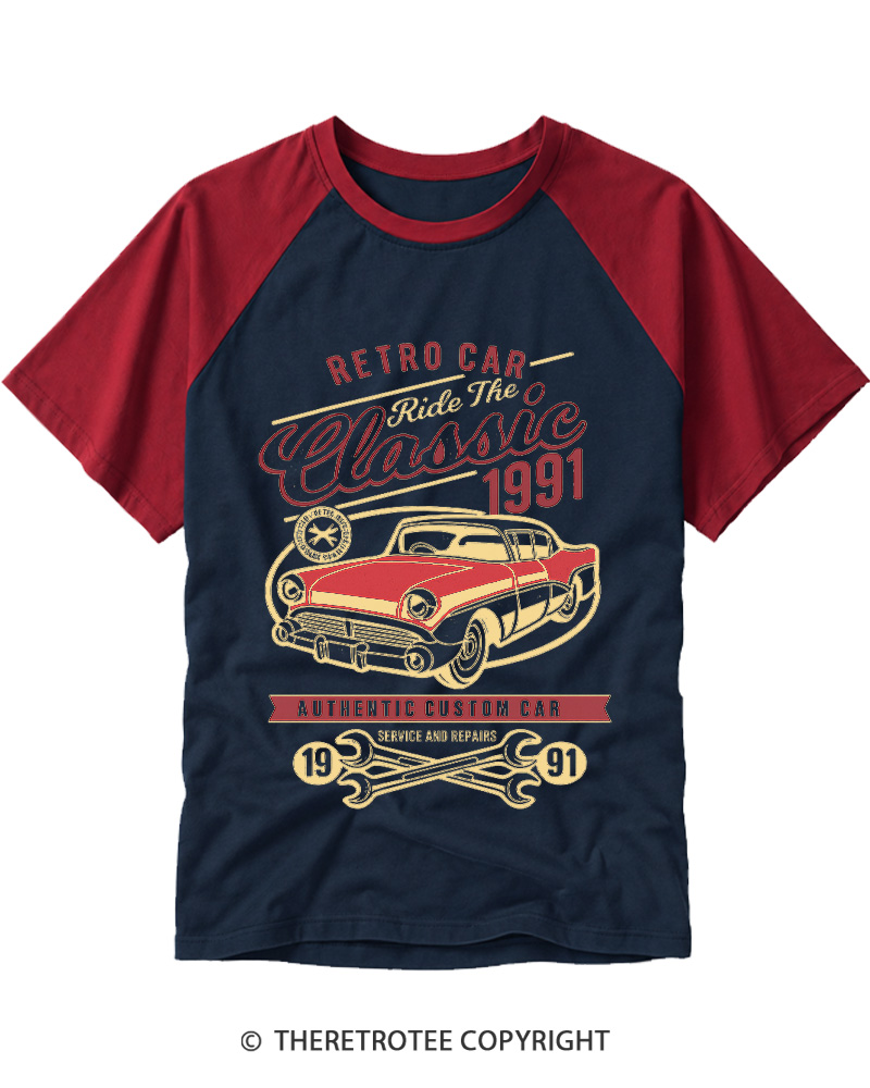 TheRetroTee Retro Classic Car 1990s Raglan Baseball T-Shirt