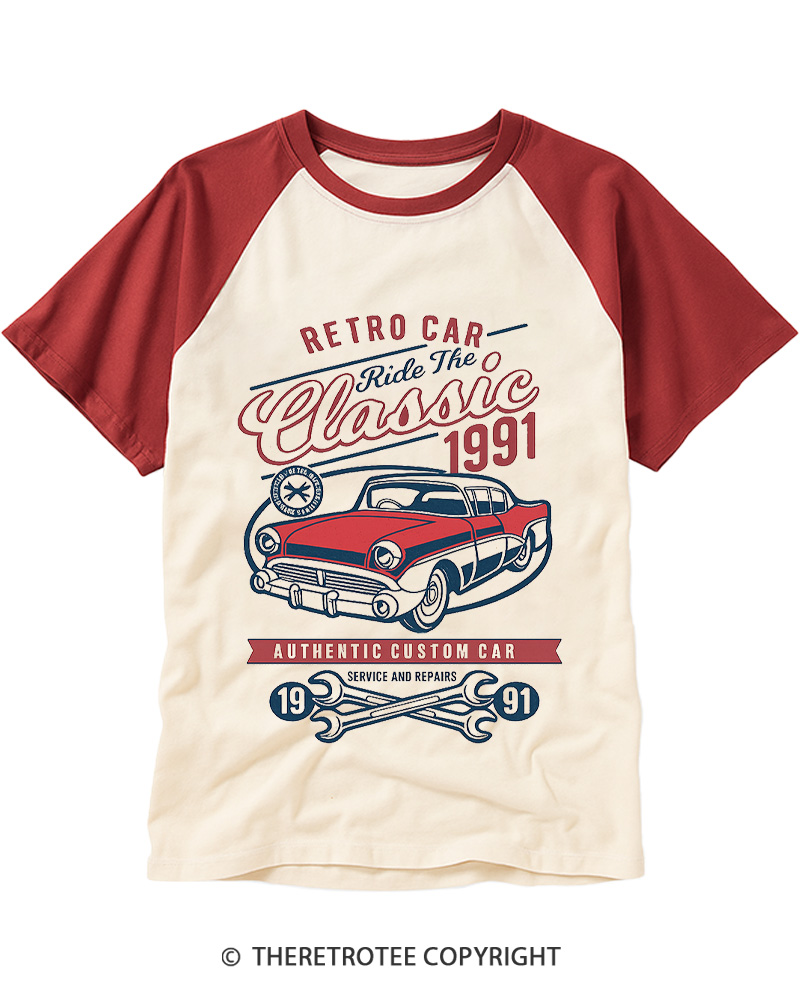 TheRetroTee Retro Classic Car 1990s Raglan Baseball T-Shirt