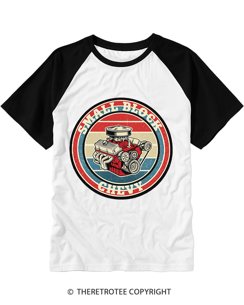 TheRetroTee Small Block Chevy 1970s Raglan Baseball T-Shirt