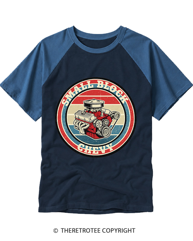 TheRetroTee Small Block Chevy 1970s Raglan Baseball T-Shirt