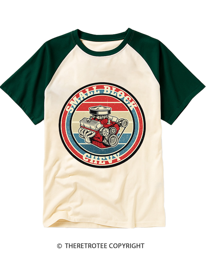 TheRetroTee Small Block Chevy 1970s Raglan Baseball T-Shirt