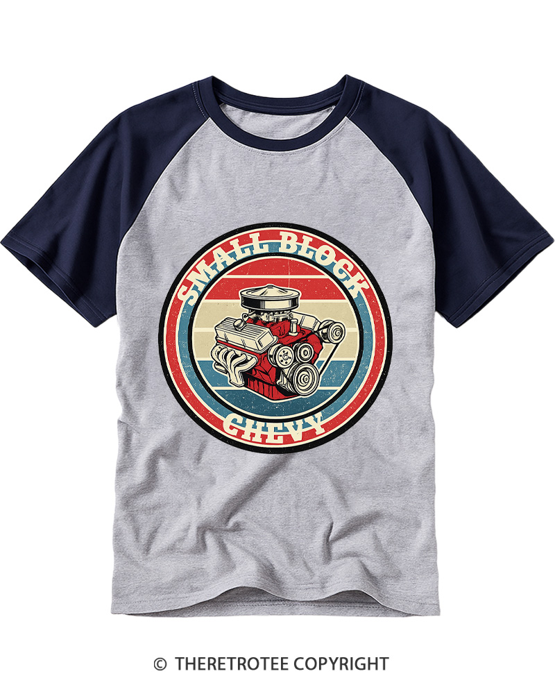 TheRetroTee Small Block Chevy 1970s Raglan Baseball T-Shirt