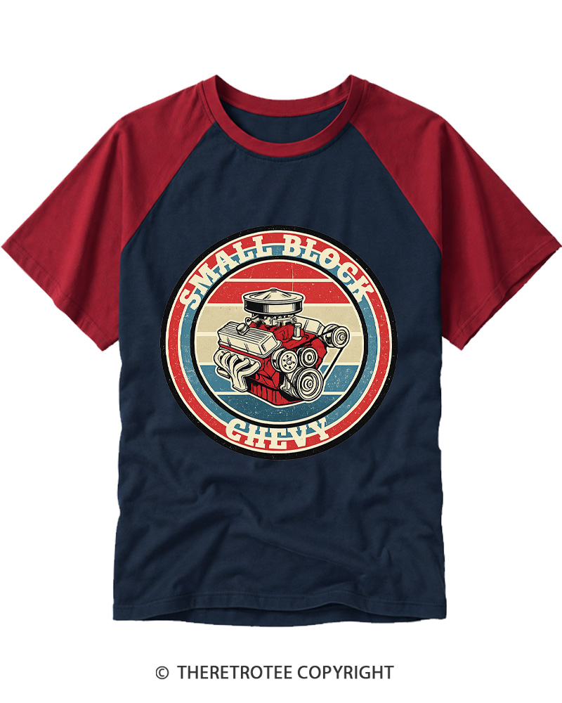 TheRetroTee Small Block Chevy 1970s Raglan Baseball T-Shirt