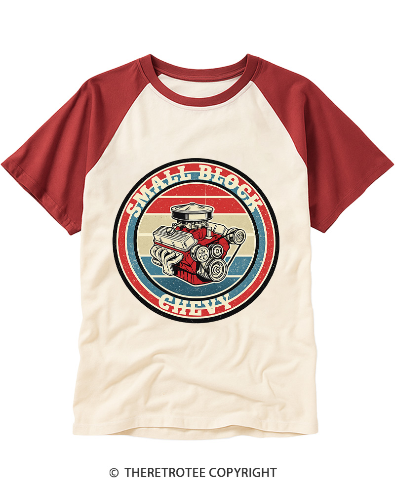 TheRetroTee Small Block Chevy 1970s Raglan Baseball T-Shirt