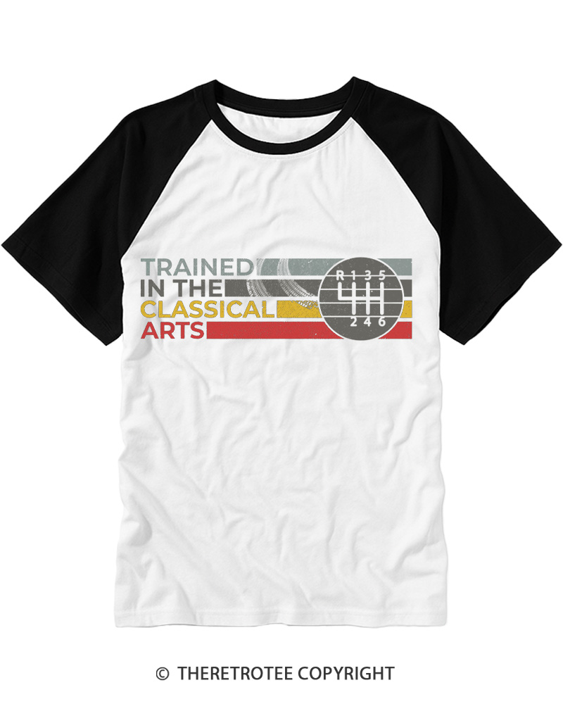 TheRetroTee Trained In The Classical Arts Speed Manual Transmission 1980s Raglan Baseball T-Shirt