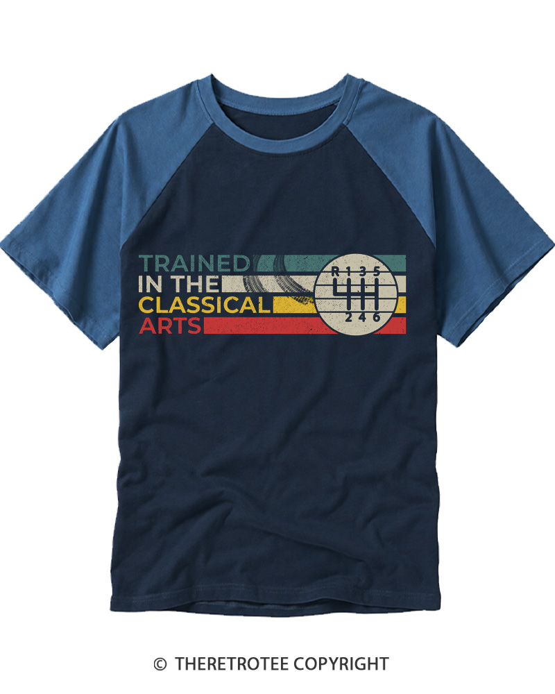 TheRetroTee Trained In The Classical Arts Speed Manual Transmission 1980s Raglan Baseball T-Shirt