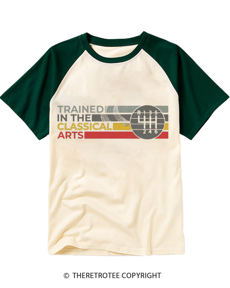 TheRetroTee Trained In The Classical Arts Speed Manual Transmission 1980s Raglan Baseball T-Shirt