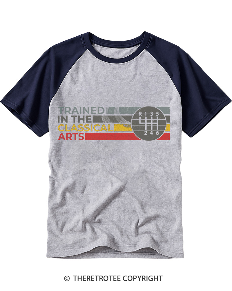 TheRetroTee Trained In The Classical Arts Speed Manual Transmission 1980s Raglan Baseball T-Shirt