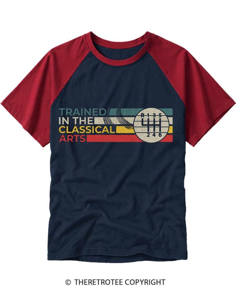 TheRetroTee Trained In The Classical Arts Speed Manual Transmission 1980s Raglan Baseball T-Shirt