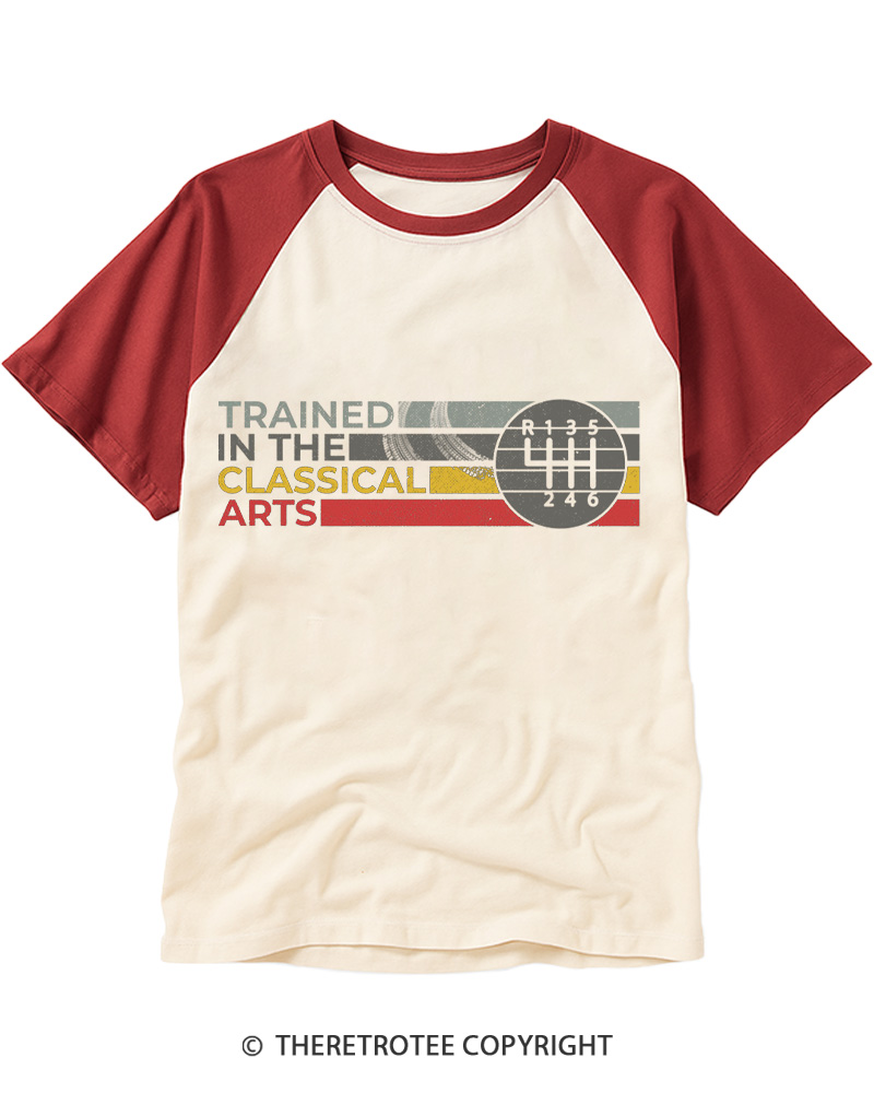 TheRetroTee Trained In The Classical Arts Speed Manual Transmission 1980s Raglan Baseball T-Shirt