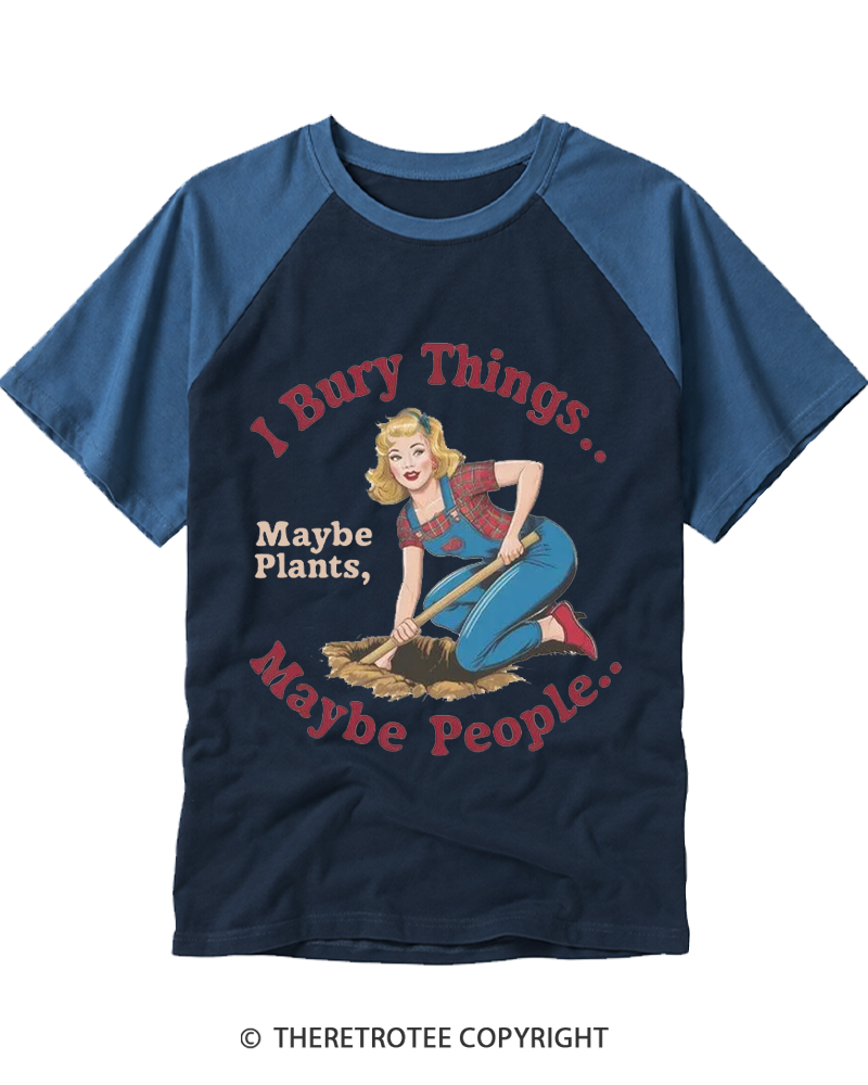 TheRetroTee I Bury Things 1970s Raglan Baseball T-Shirt