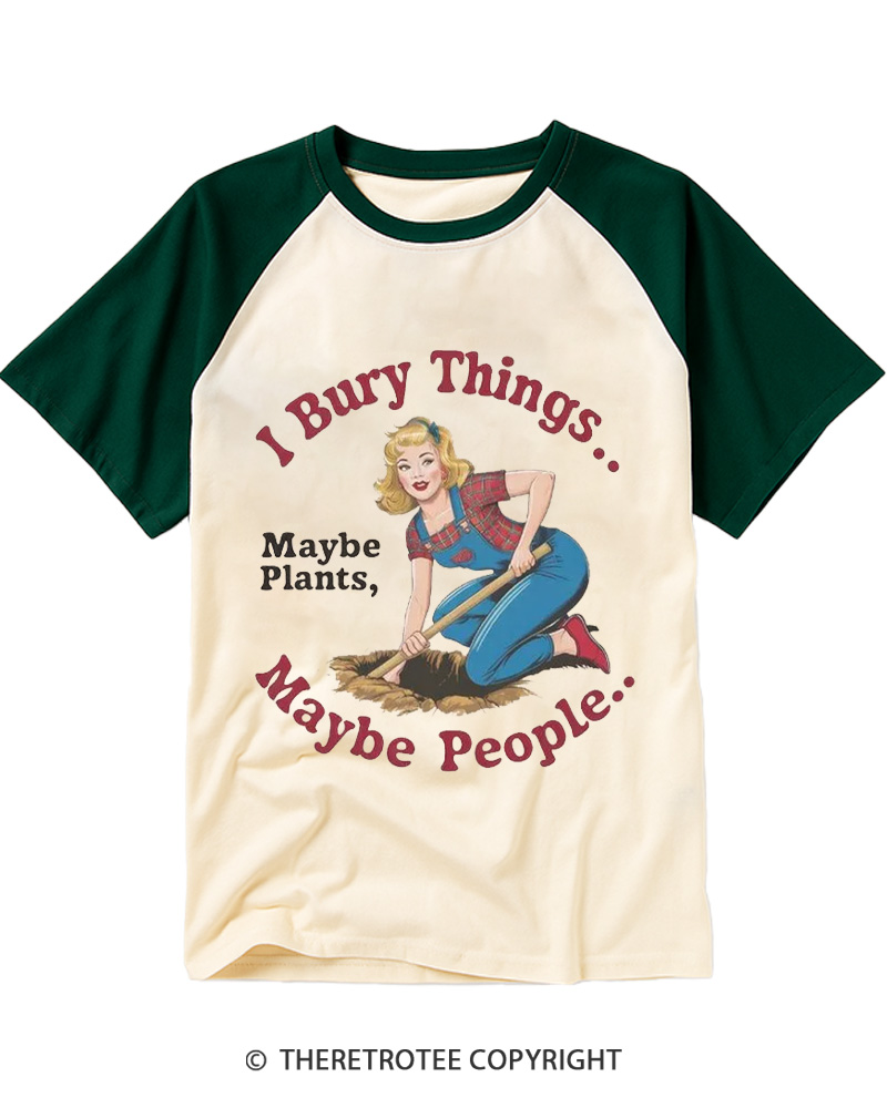 TheRetroTee I Bury Things 1970s Raglan Baseball T-Shirt
