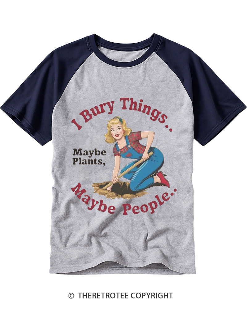 TheRetroTee I Bury Things 1970s Raglan Baseball T-Shirt