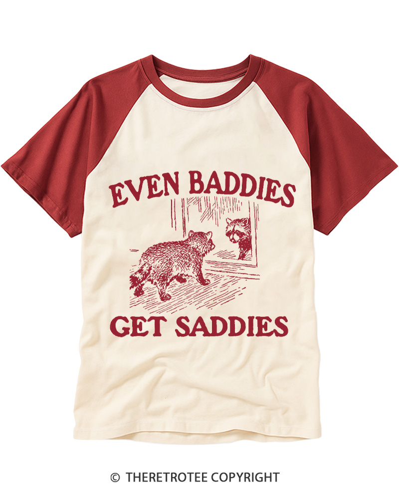 TheRetroTee Even Baddies Get Saddies 1970s Raglan Baseball T-Shirt