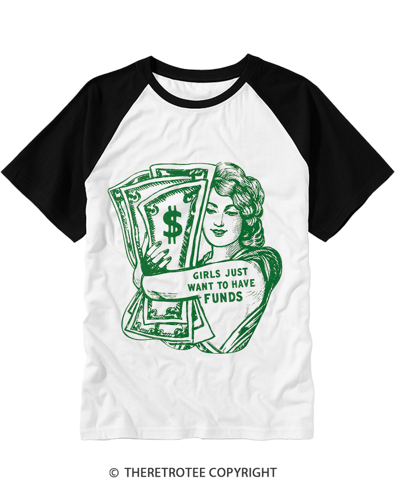 TheRetroTee Girls Just Want Money 1980s Raglan Baseball T-Shirt