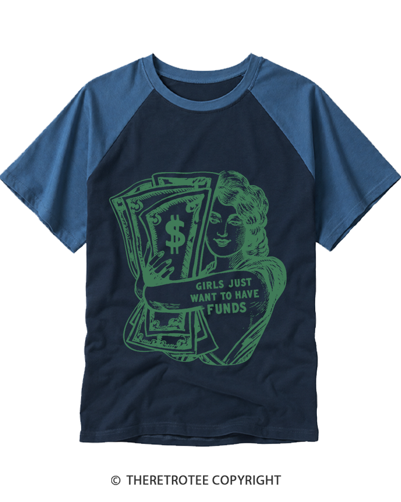 TheRetroTee Girls Just Want Money 1980s Raglan Baseball T-Shirt