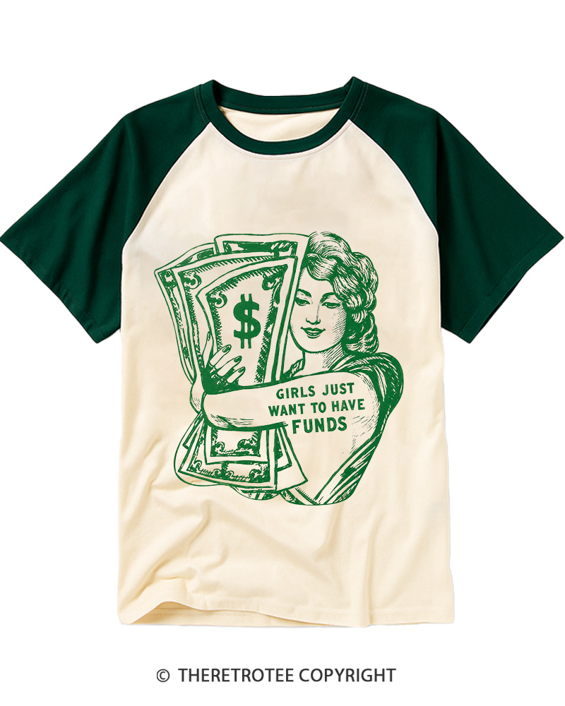 TheRetroTee Girls Just Want Money 1980s Raglan Baseball T-Shirt