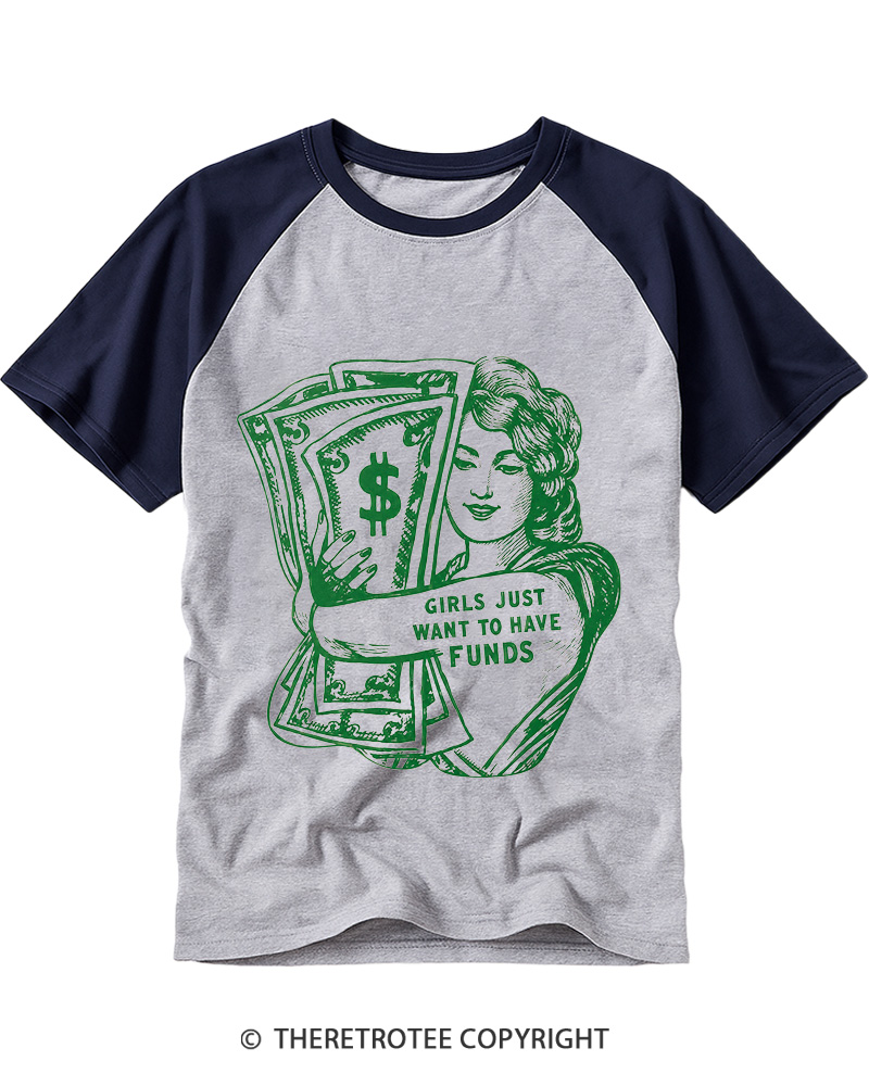 TheRetroTee Girls Just Want Money 1980s Raglan Baseball T-Shirt