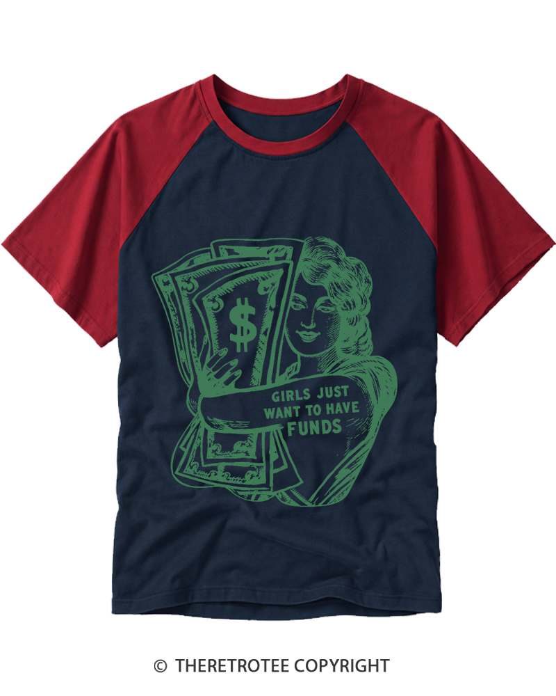 TheRetroTee Girls Just Want Money 1980s Raglan Baseball T-Shirt