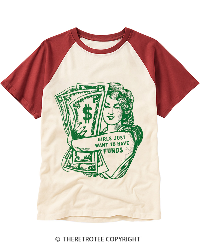 TheRetroTee Girls Just Want Money 1980s Raglan Baseball T-Shirt