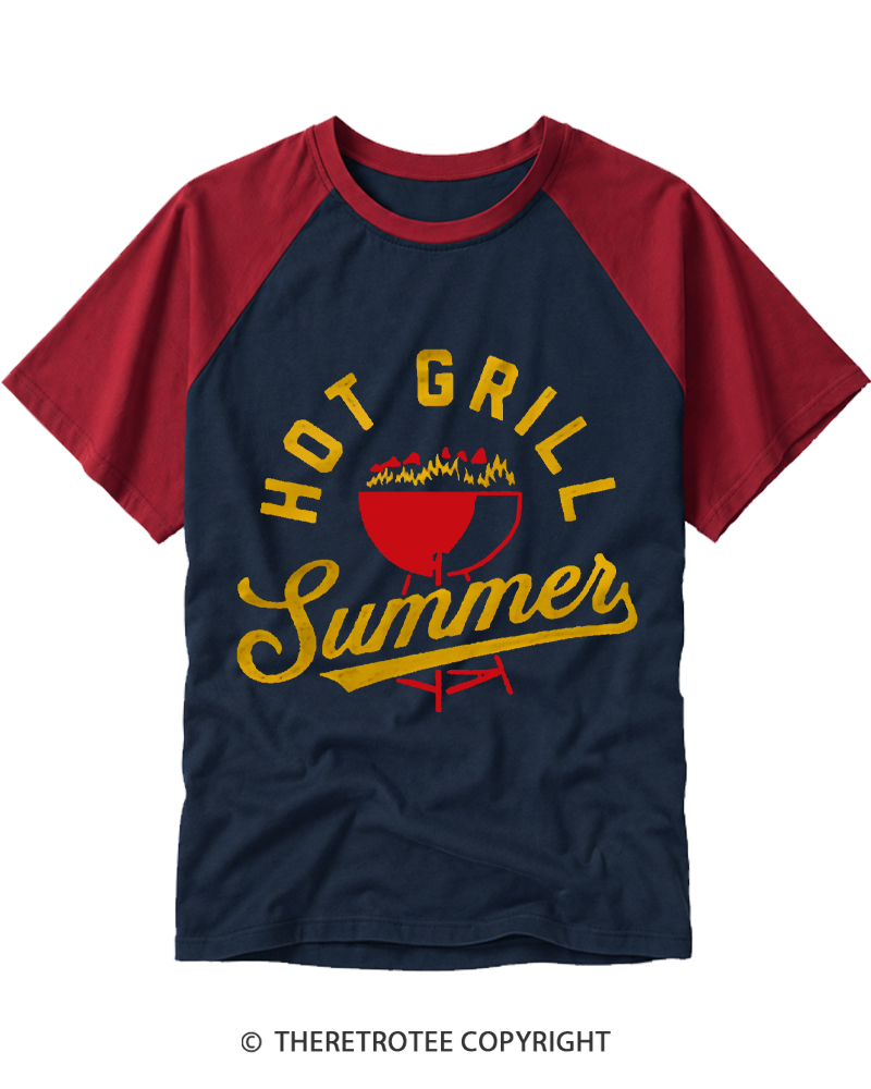 TheRetroTee Hot Grill Summer 1970s Raglan Baseball T-Shirt
