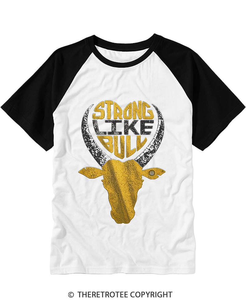 TheRetroTee Strong Like Bull 1980s Raglan Baseball T-Shirt