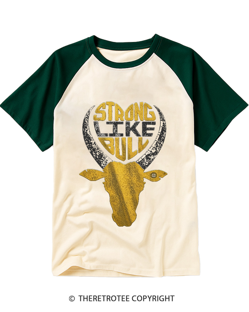TheRetroTee Strong Like Bull 1980s Raglan Baseball T-Shirt