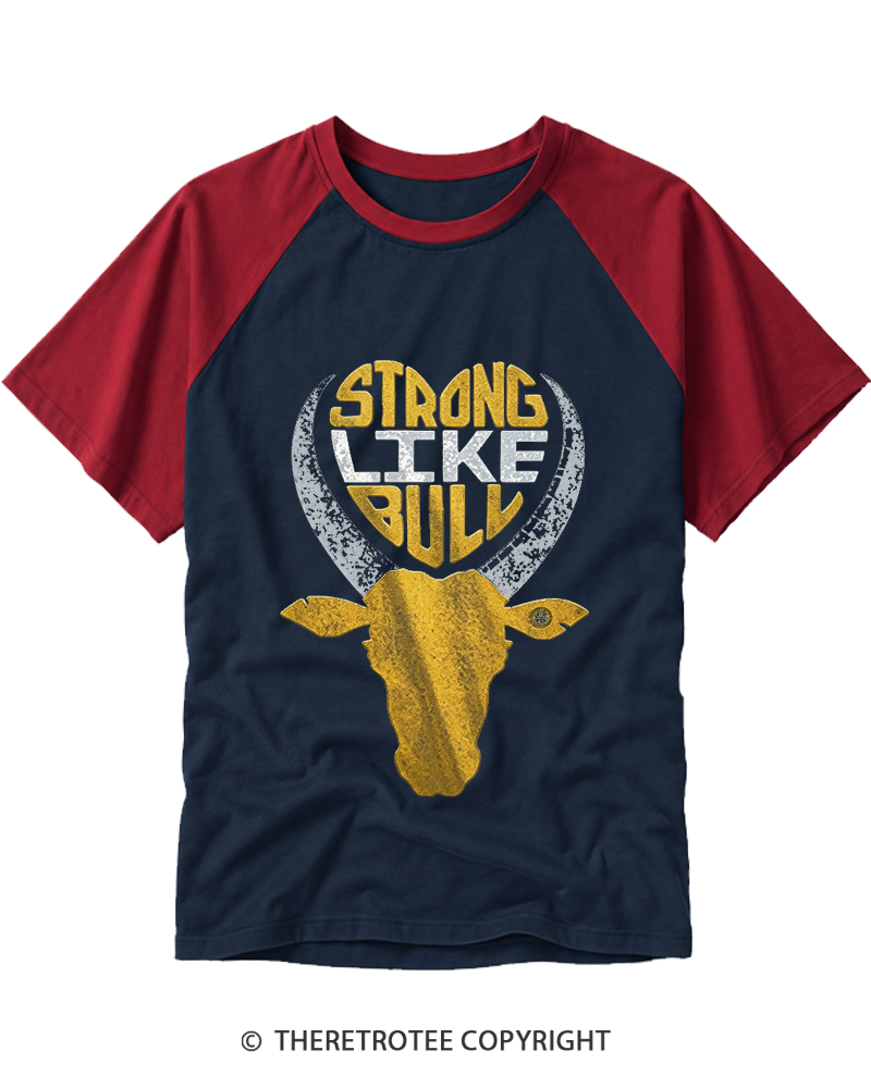TheRetroTee Strong Like Bull 1980s Raglan Baseball T-Shirt