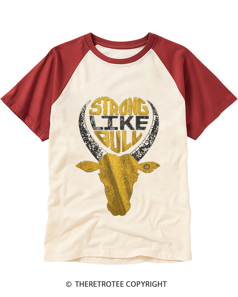 TheRetroTee Strong Like Bull 1980s Raglan Baseball T-Shirt