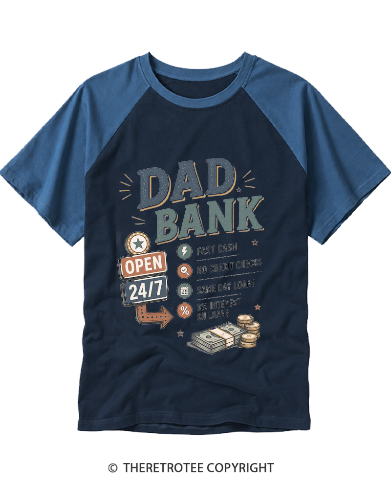 TheRetroTee Dad Bank Open 24 7 1950s Raglan Baseball T-Shirt