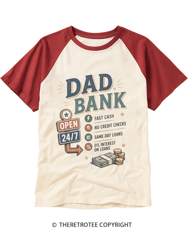 TheRetroTee Dad Bank Open 24 7 1950s Raglan Baseball T-Shirt