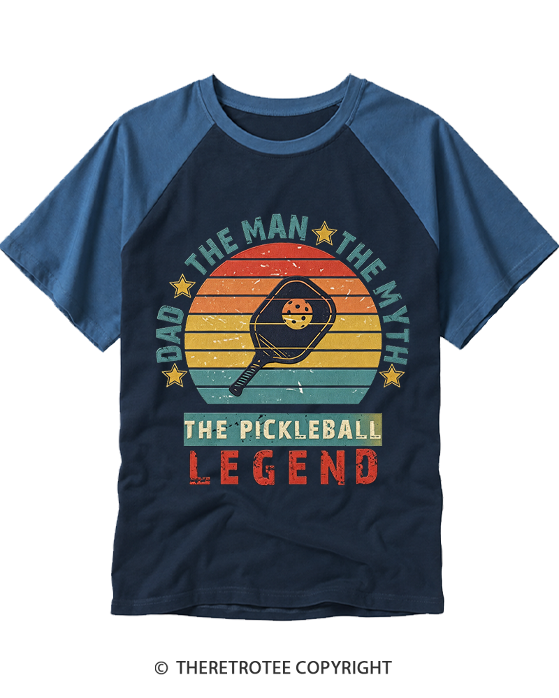 TheRetroTee Dad the Man the Myth the Pickleball Legend Raglan Baseball T-Shirt