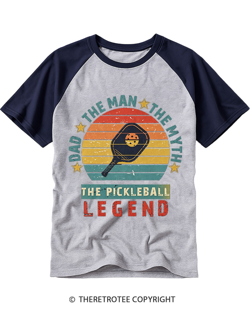 TheRetroTee Dad the Man the Myth the Pickleball Legend Raglan Baseball T-Shirt