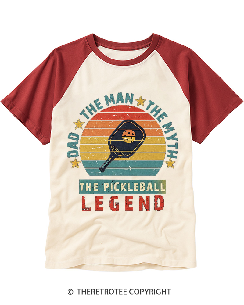 TheRetroTee Dad the Man the Myth the Pickleball Legend Raglan Baseball T-Shirt