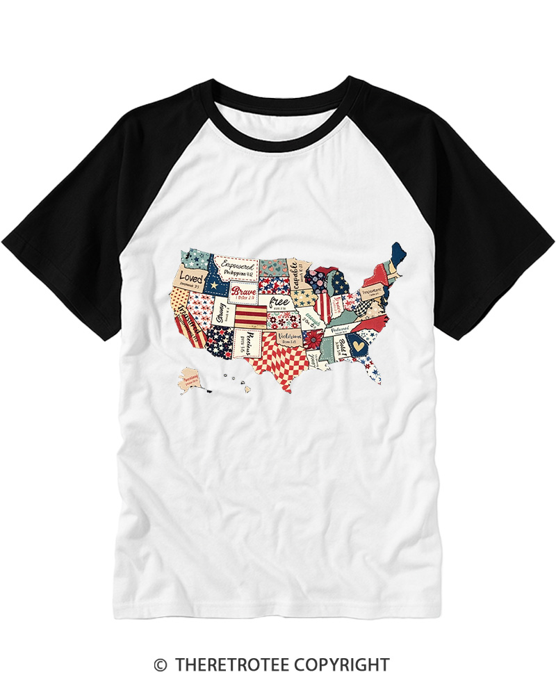 TheRetroTee America USA Map 1970s Raglan Baseball T-Shirt