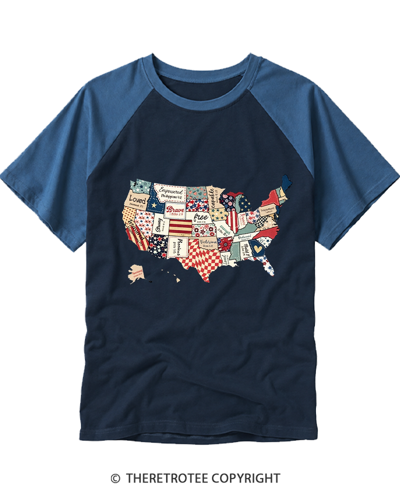 TheRetroTee America USA Map 1970s Raglan Baseball T-Shirt