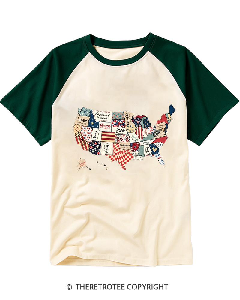 TheRetroTee America USA Map 1970s Raglan Baseball T-Shirt