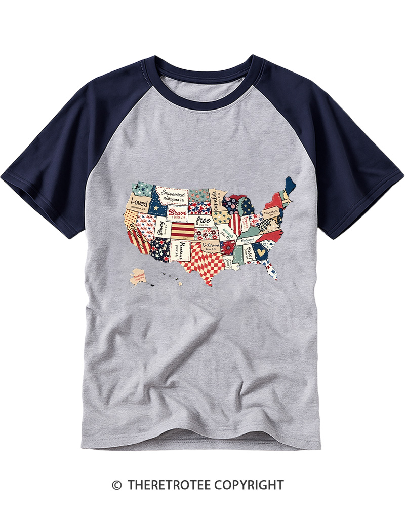 TheRetroTee America USA Map 1970s Raglan Baseball T-Shirt