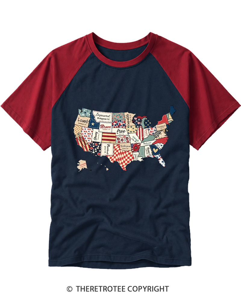 TheRetroTee America USA Map 1970s Raglan Baseball T-Shirt