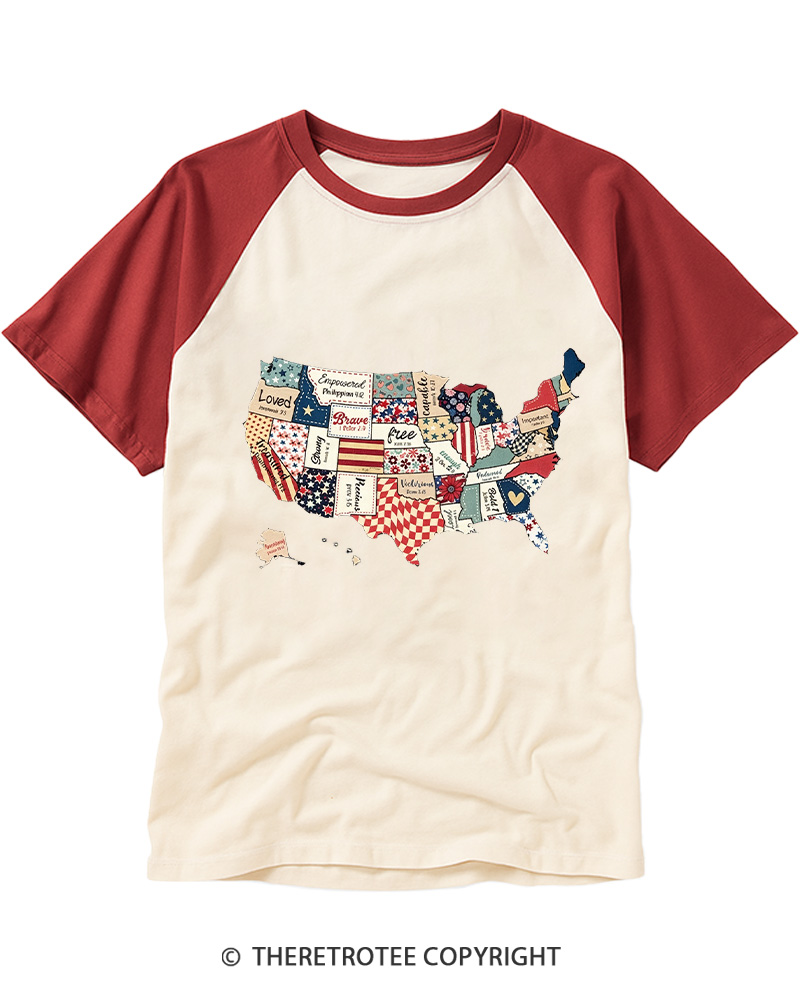 TheRetroTee America USA Map 1970s Raglan Baseball T-Shirt